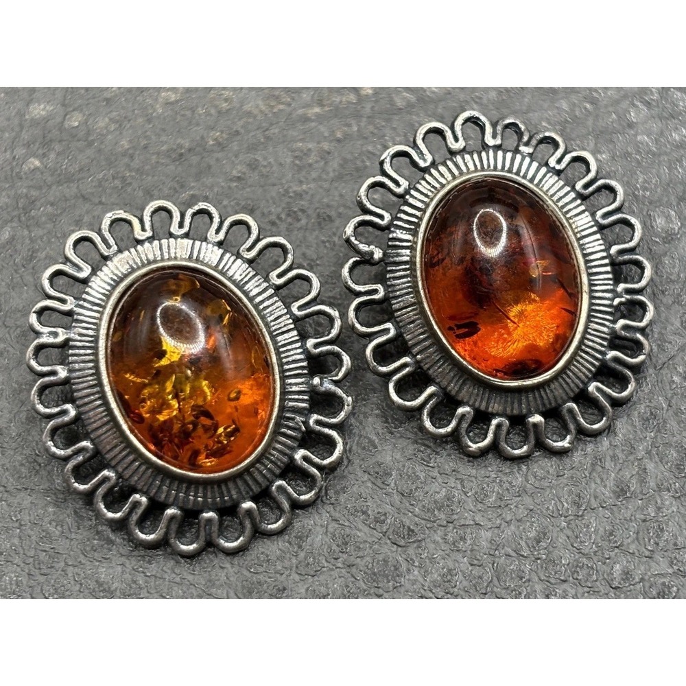Vintage Genuine Amber Cabochon Oval Clip Earrings Scalloped Border Silver Tone